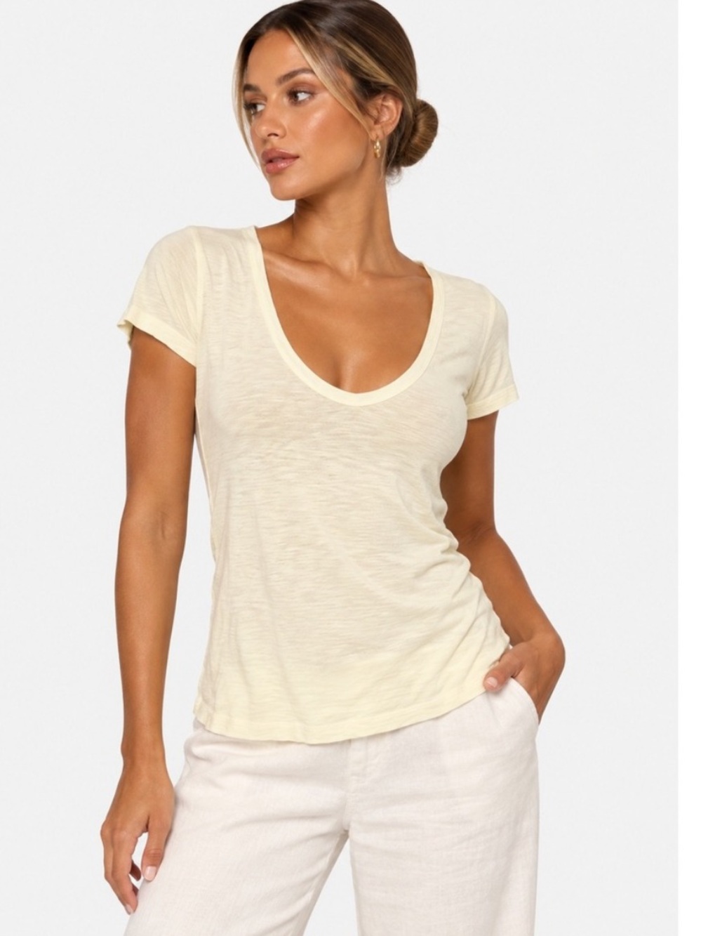 Standard James Perse Women Cotton Blend Pale Yellow Scoop Neck T-Shirt NWT